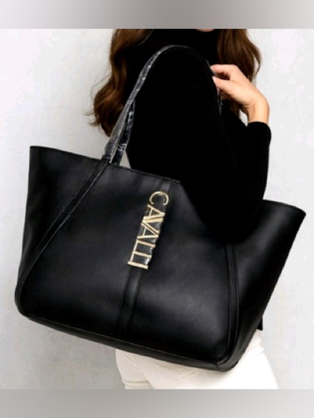 NWT Cavalli Class Sandra Shopper Tote Bag Black Onyx Shoulder Purse